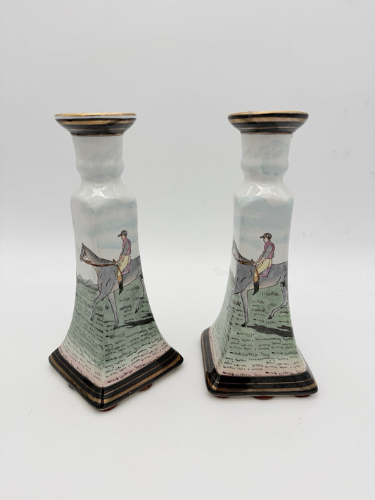 Vintage Chinese Equestrian Hand-Painted Porcelain Candle Holder by Nieman Marcus