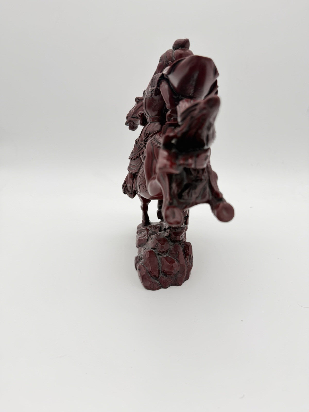 Large Chinese Red Resin Guan Yu Warrior Riding Galloping Horse Sculpture 10”x12”
