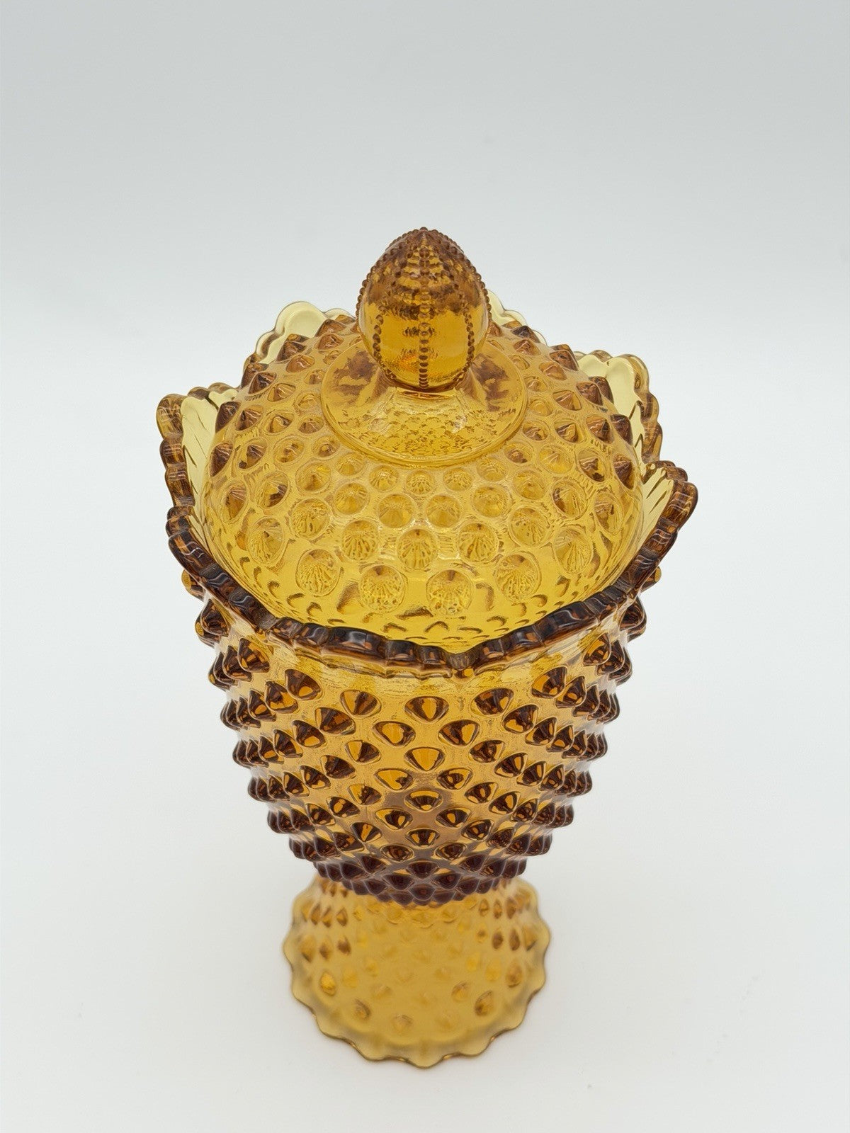 Fenton Art Glass Hobnail Colonial Amber Candy Dish With Lid 11”H Vintage USA