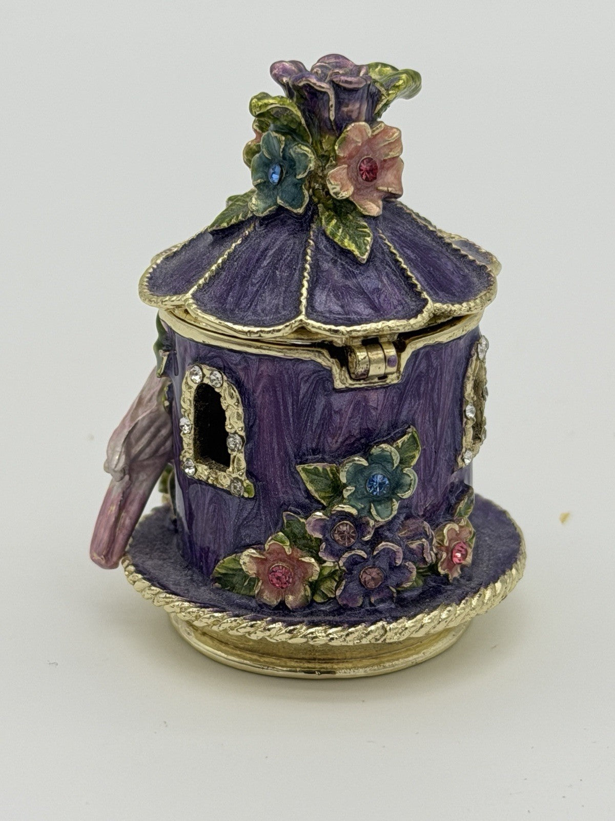 Enamel Purple Gold Gilt Birdhouse Trinket Box Jewelry Box Pink Purple Metal 2”