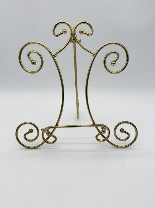 Vintage Ornate Brass Tone Picture Art Plate Book Easel Display Stand 10”x10”