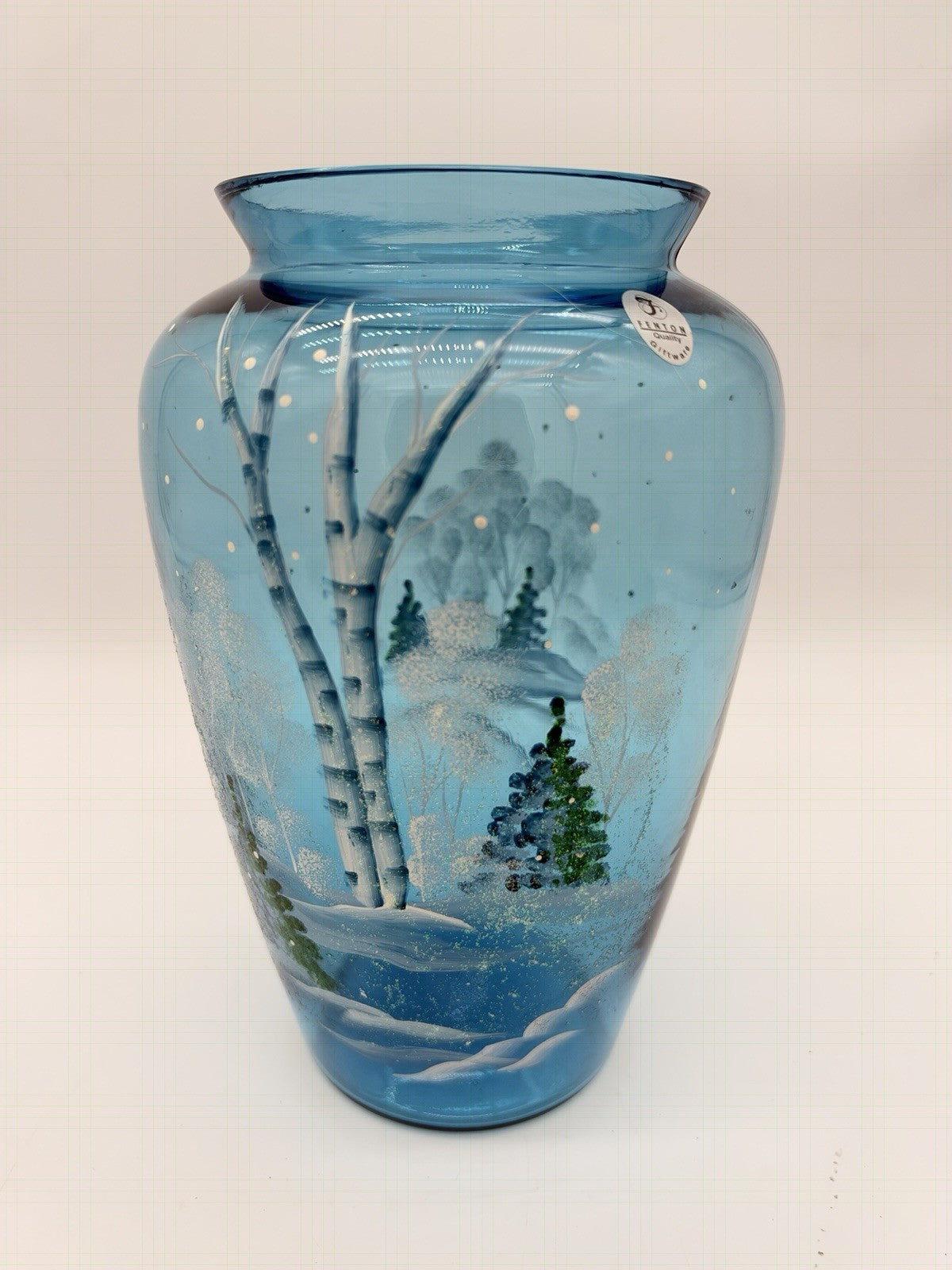 Fenton Art Glass Quality Blue Hand Painted Winter Christmas Scene Vase 8.5”H
