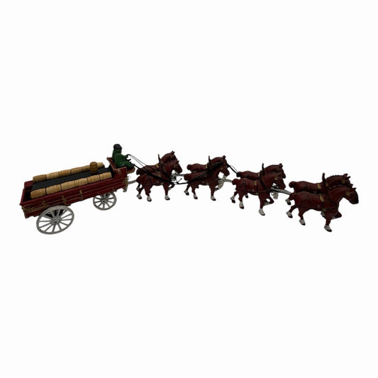 Vintage Budweiser Clydesdale Horse & Beer Wagon Cast Iron Set w/ 11 Wood Barrels