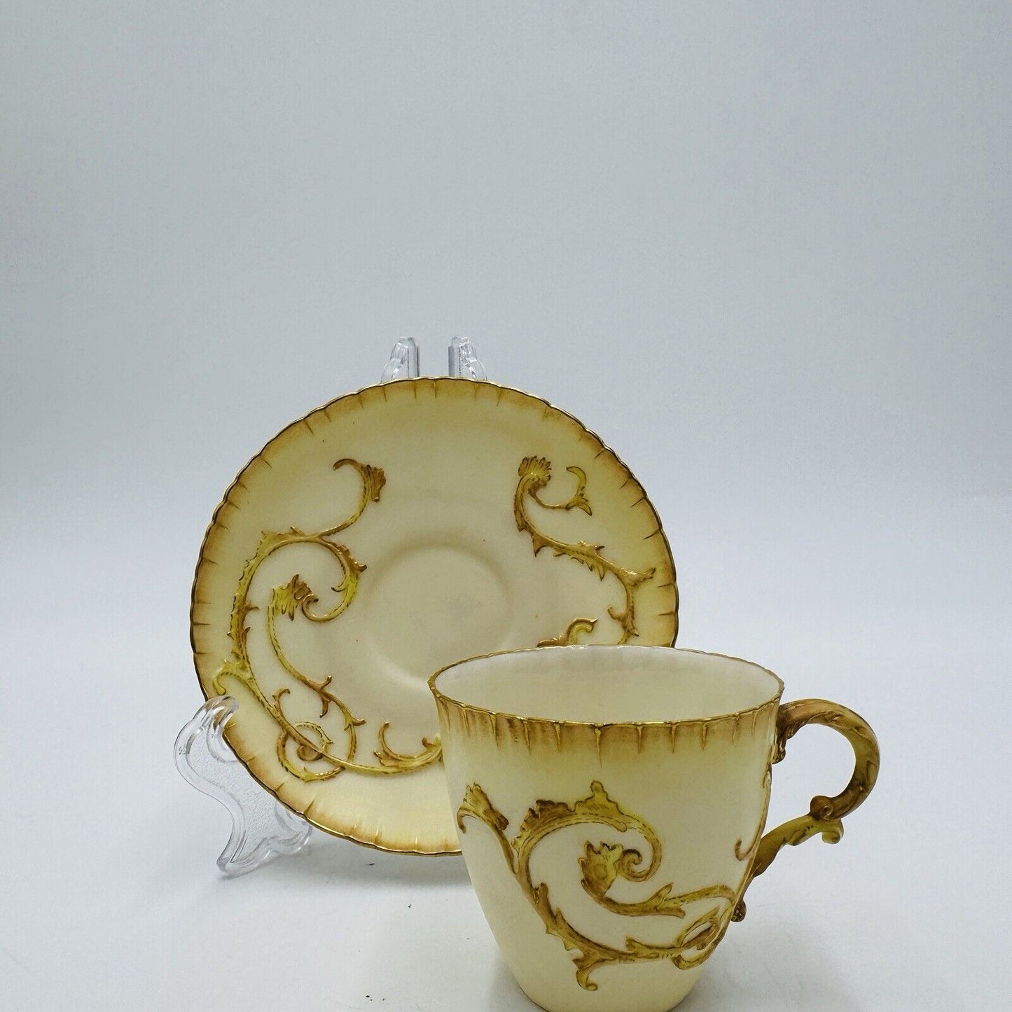 Antique 19th Royal Worcester Hand Painted Tea Cup & Saucer #1564 Embossed Gilt