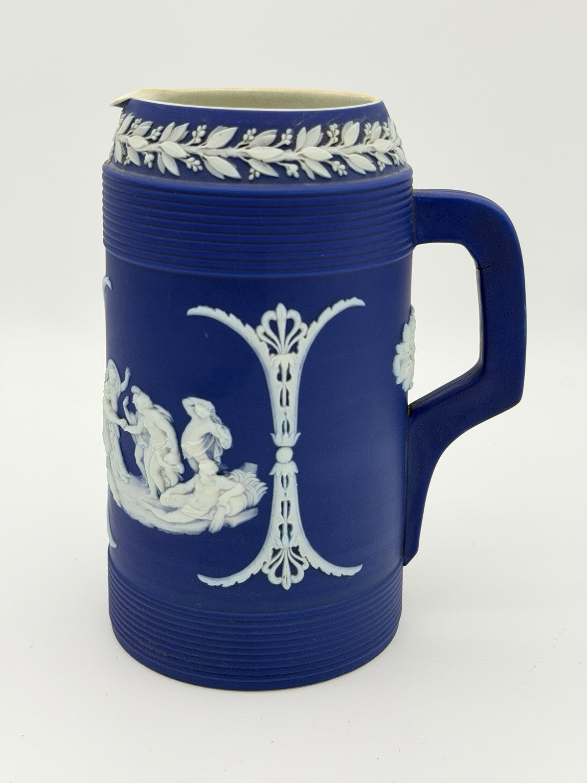 Antique Wedgwood Jasperware Dipped Blue Pitcher 7.5” Trojan Jug England Large