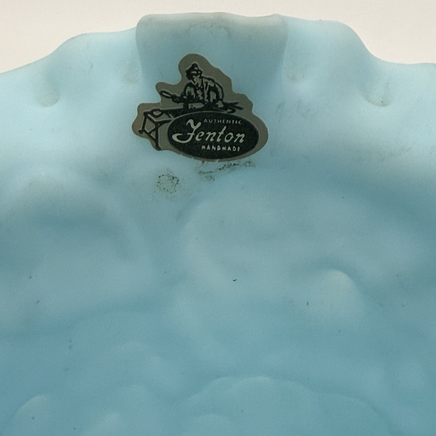 Vtg Fenton Blue Satin Glass Vase Ruffled Edge Poppy/Daisy Large 6" H x 6 1/2" W