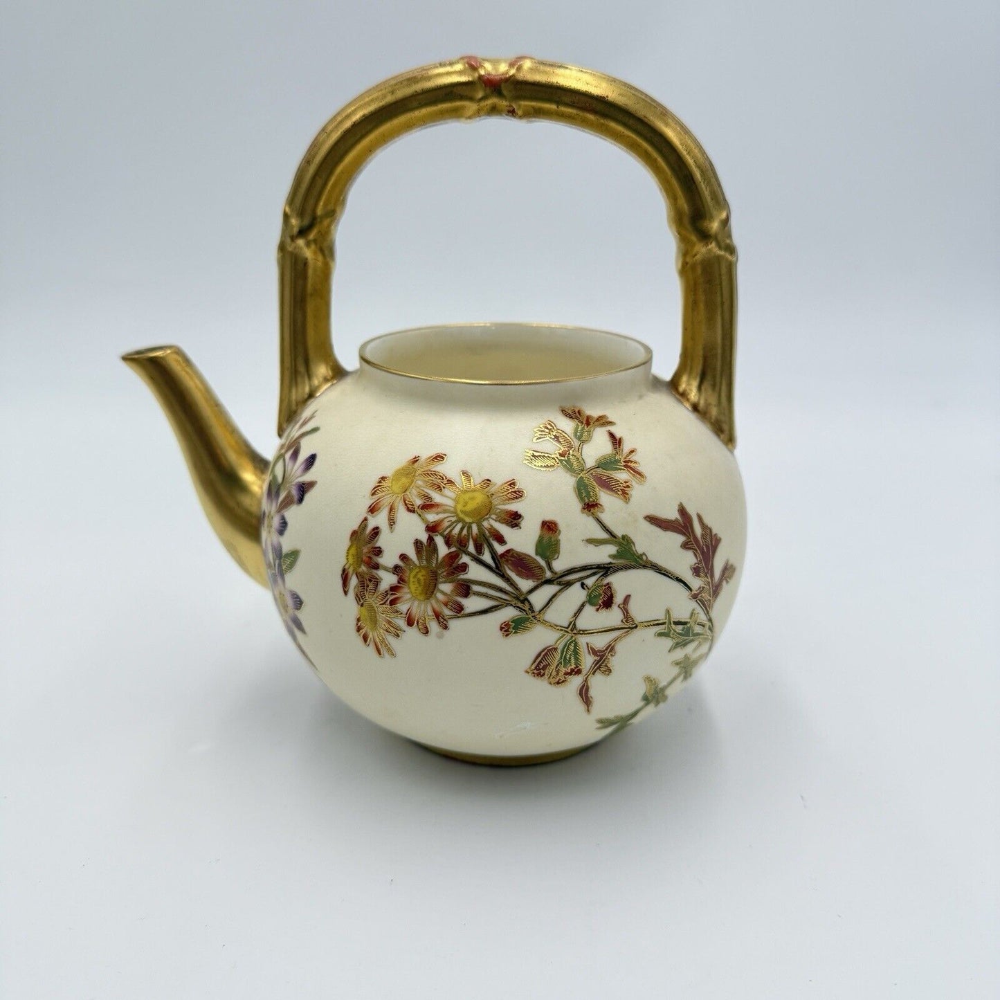 1885 English Victorian Royal Worcester Porcelain Floral Handle Teapot (No Lid )