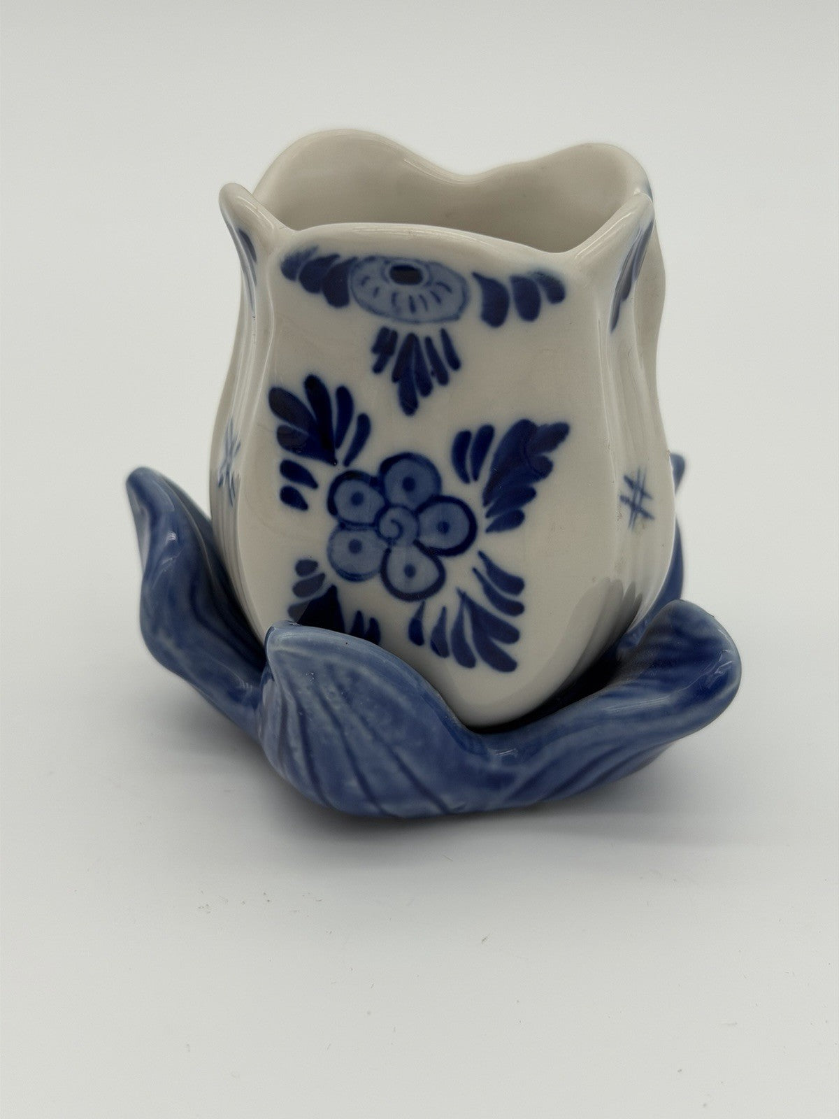 Delft Dutch White & Blue Art Pottery Tulip Flower Candle Stick