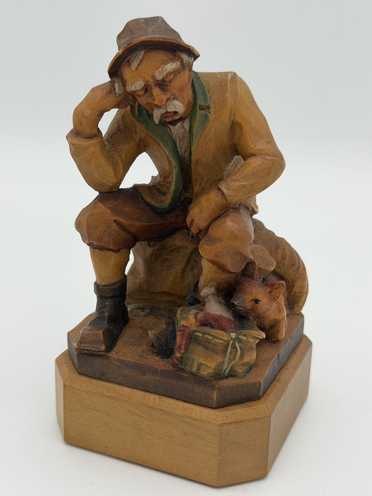 Anri Italy Folk Art Hand Wood Carved Hunter Man Rifle Fox Figurine 5" Vtg 1950