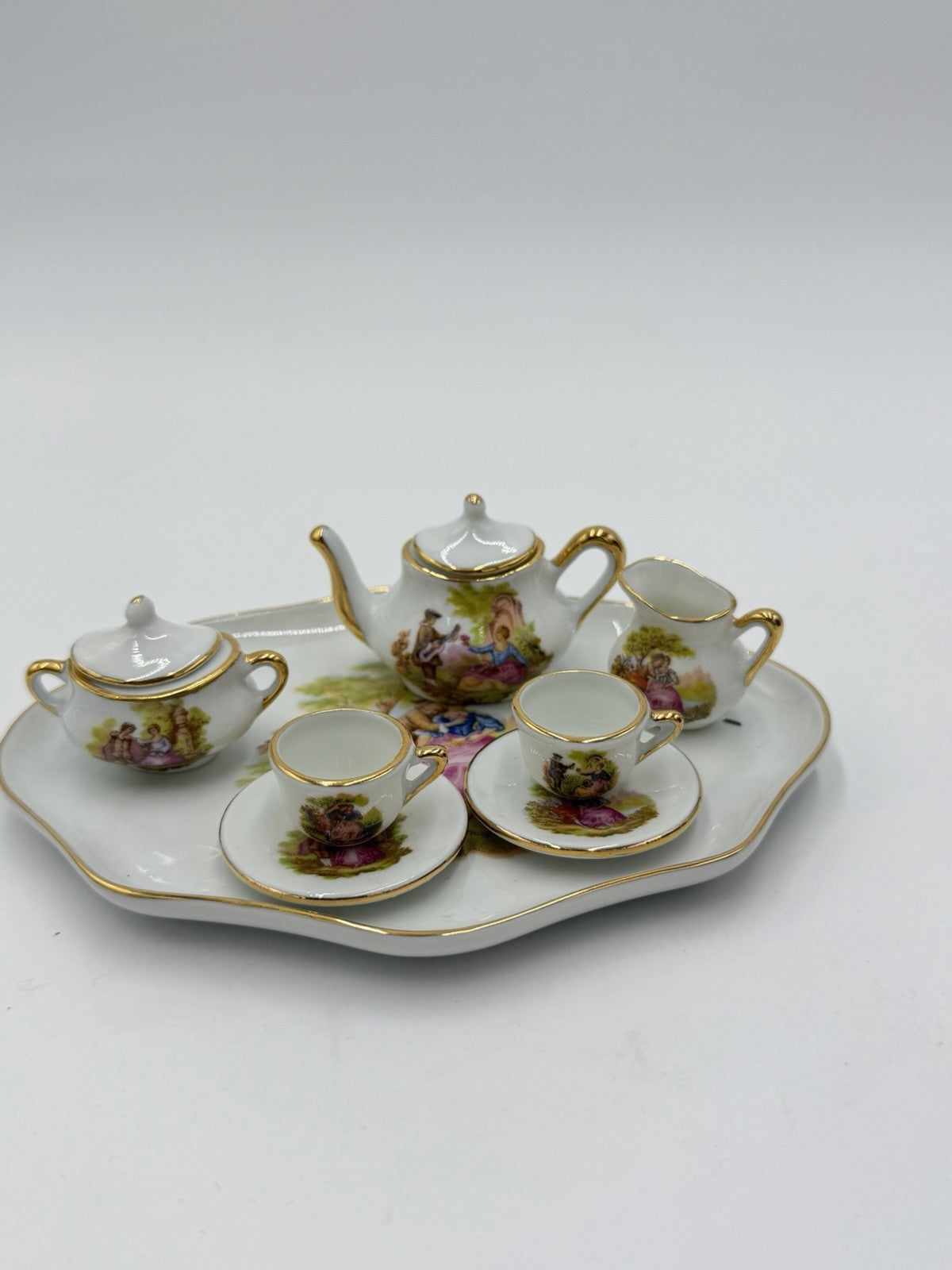 EME porcelain Spain miniature tea set romantic scene victorian 8 PCs  Dollhouse
