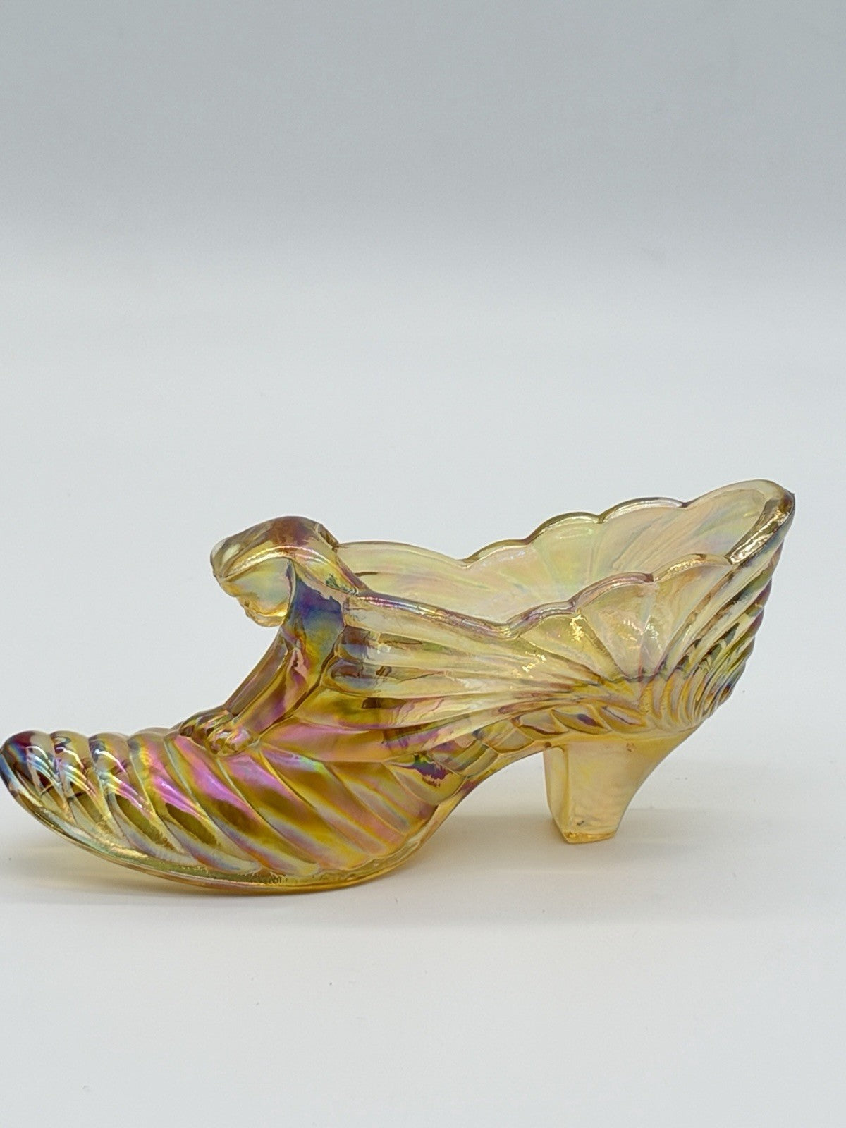 Fenton Art Glass Yellow Iridescent Cougar Cart Slipper Shoe Victorian Figurine