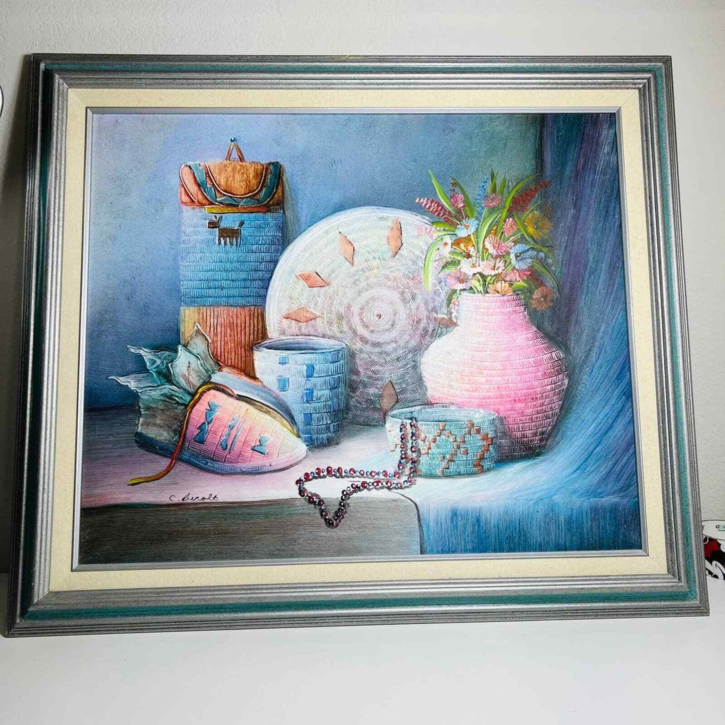 Original Painting C. Benolt Art Native American Still Oil Canvas Signed Framed