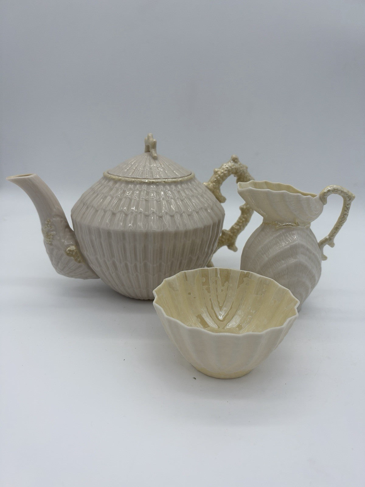 Belleek Ireland Limpet Shell Pattern Teapot Creamer &sugar Bowl 2nd Green Mark
