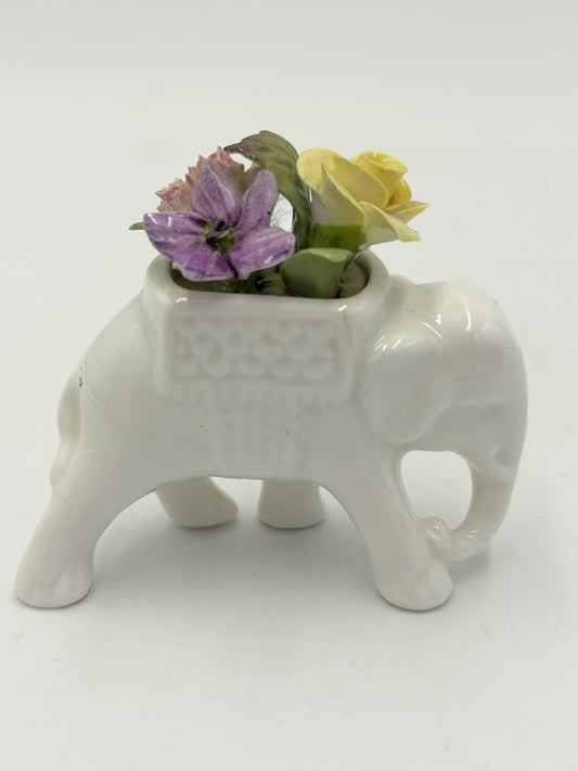Coalport England Elephant White Pink Yellow Flowers Bouquet Figurine Porcelain