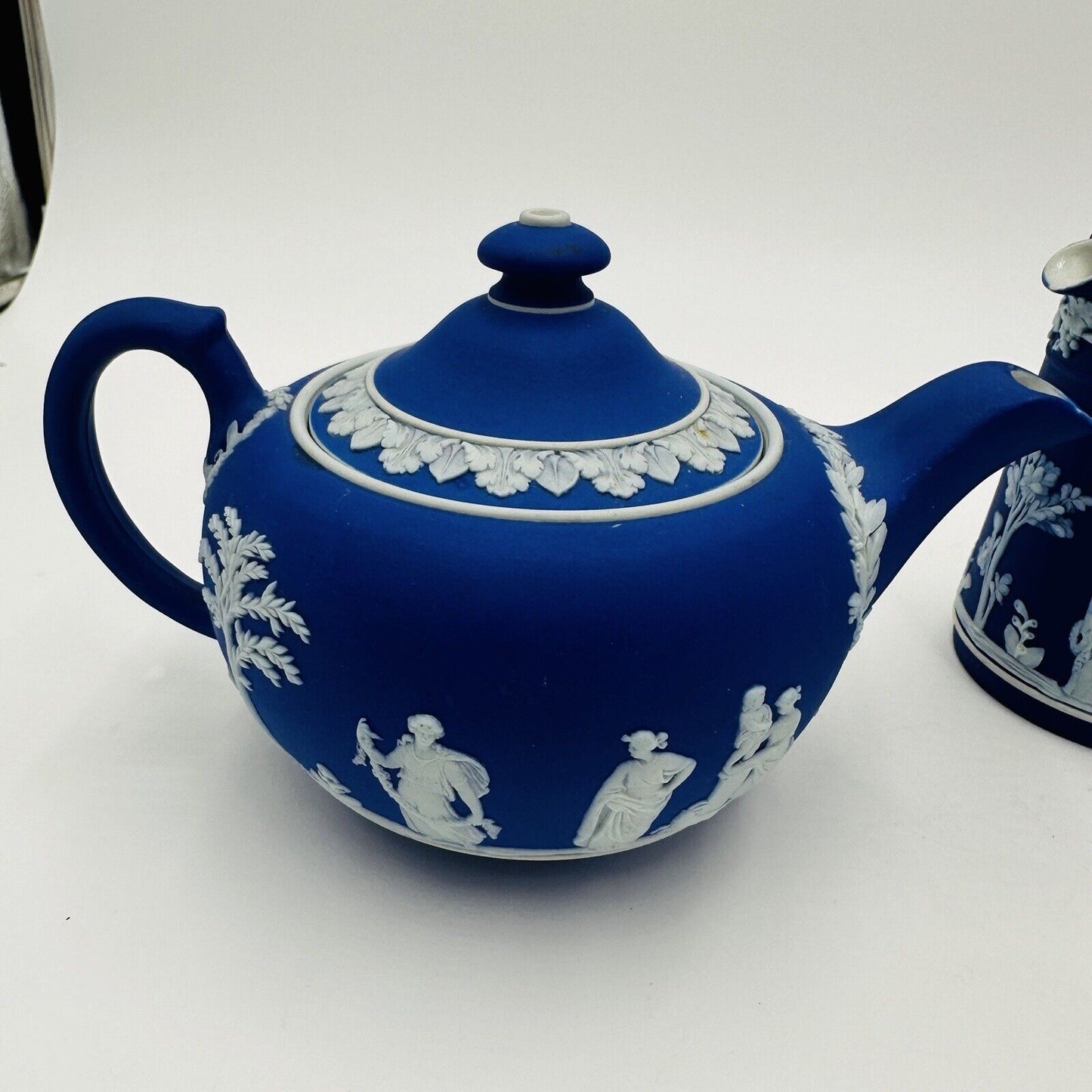 Wedgwood Teapot Sugar Bowl Pitcher Dipped Cobalt Blue #43 Set Jasperware