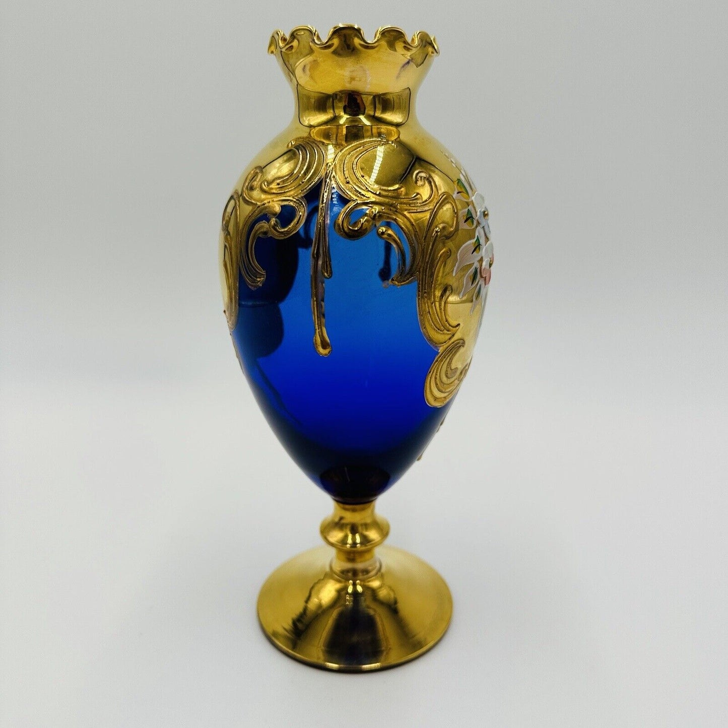 Venetian Italian Vase Cobalt Blue Ruffle Footed Gold Glass Floral Applique