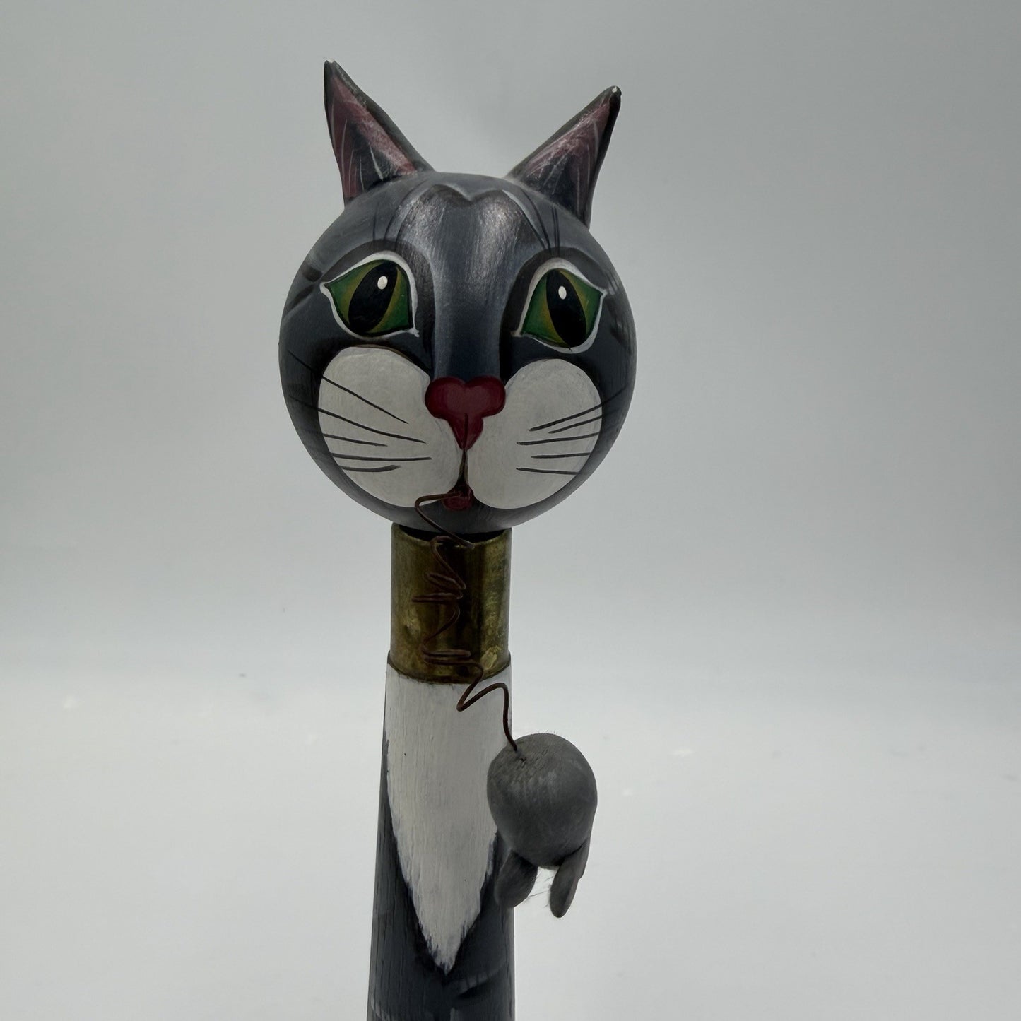 Vintage Folk Art American Spindle Art Cat With Mice Wood Carved 10.5in