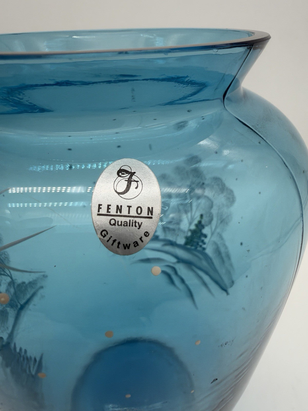Fenton Art Glass Quality Blue Hand Painted Winter Christmas Scene Vase 8.5”H