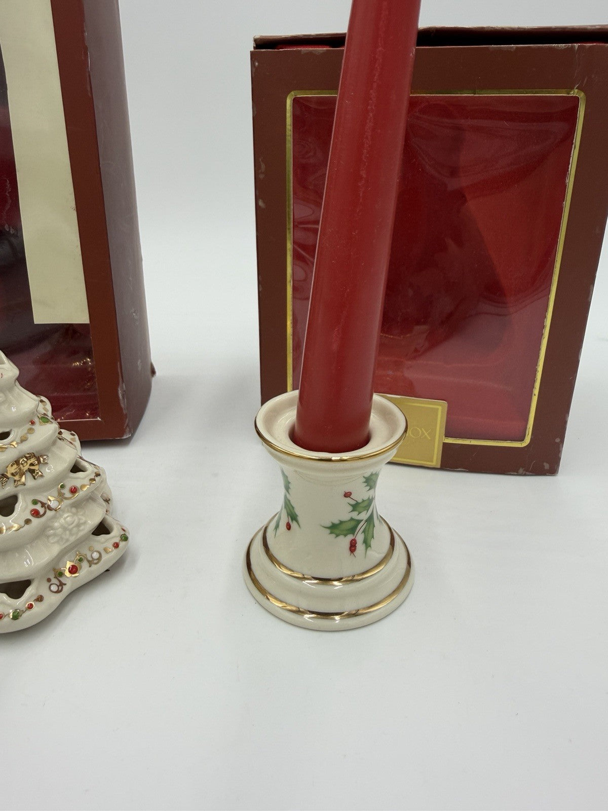 Lenox USA Porcelain Holiday Tapers Candlesticks & Bejeweled Tree Ornament