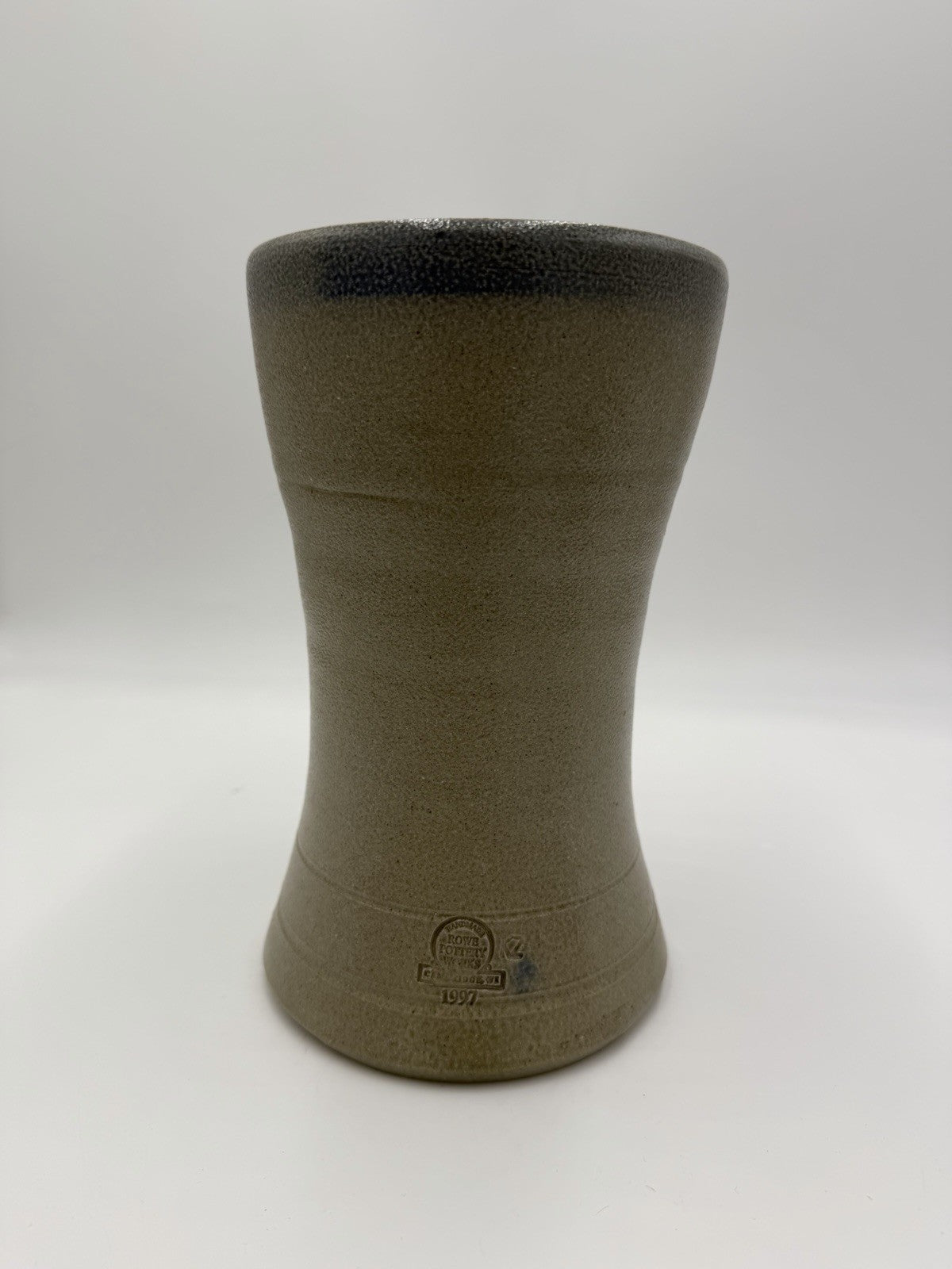 1995 Rowe Pottery Works Stoneware Blue Flowers  Design Salt Glaze Flower Vase 9”