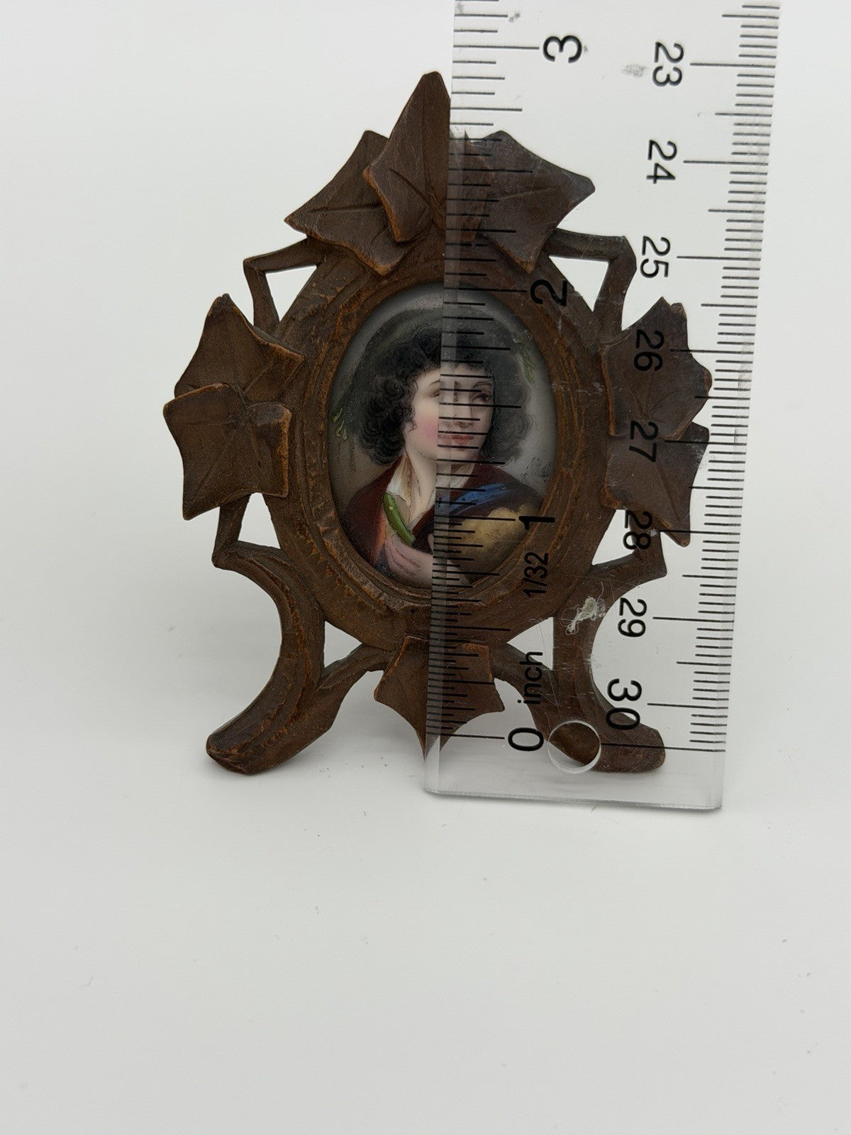Antique Black Forest Carved Frame Painted Porcelain Young Portrait Miniature 3”H