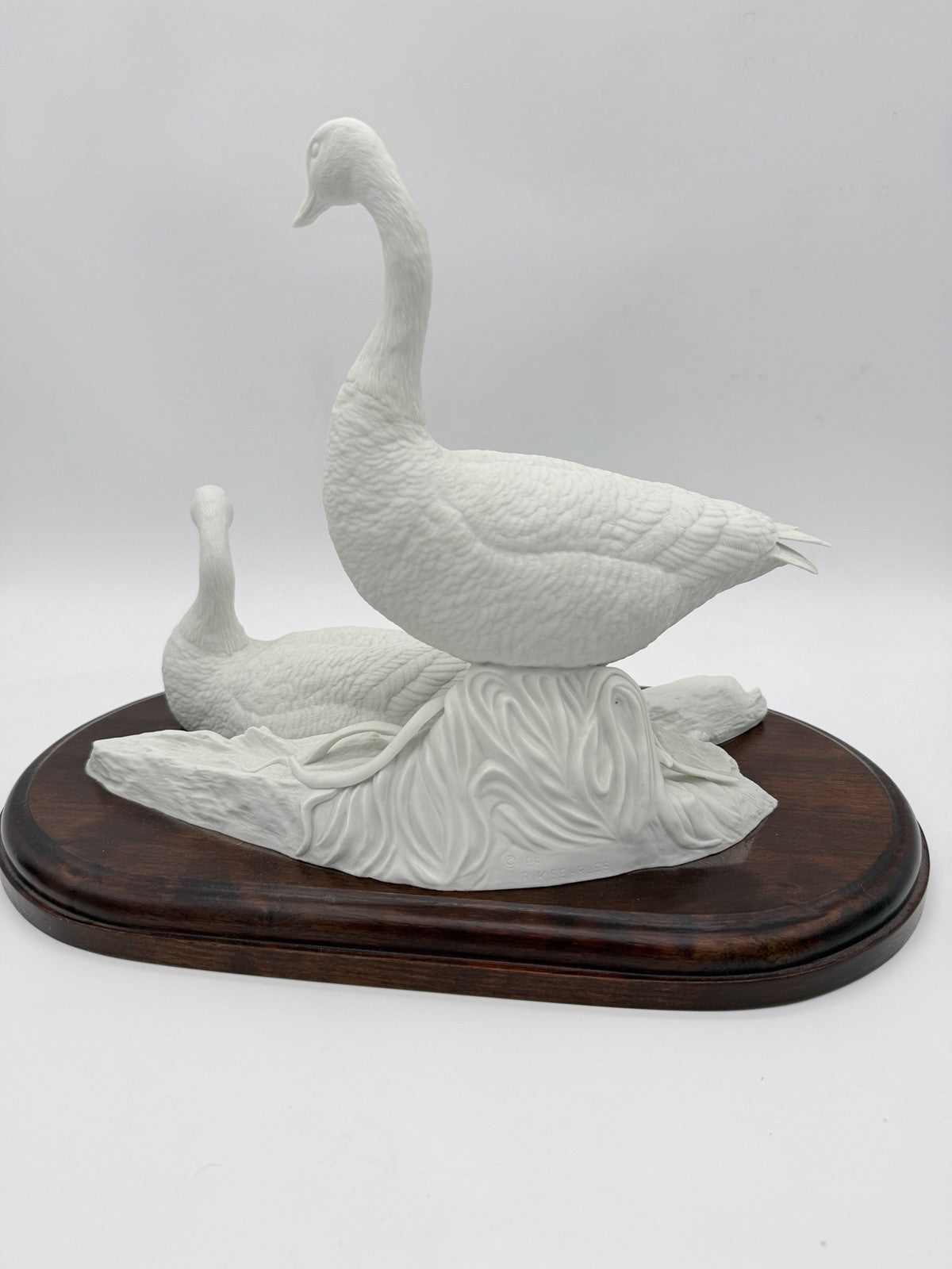 Robert E. Searles white bisque porcelain Canada Geese sculpture A New Dawn wood