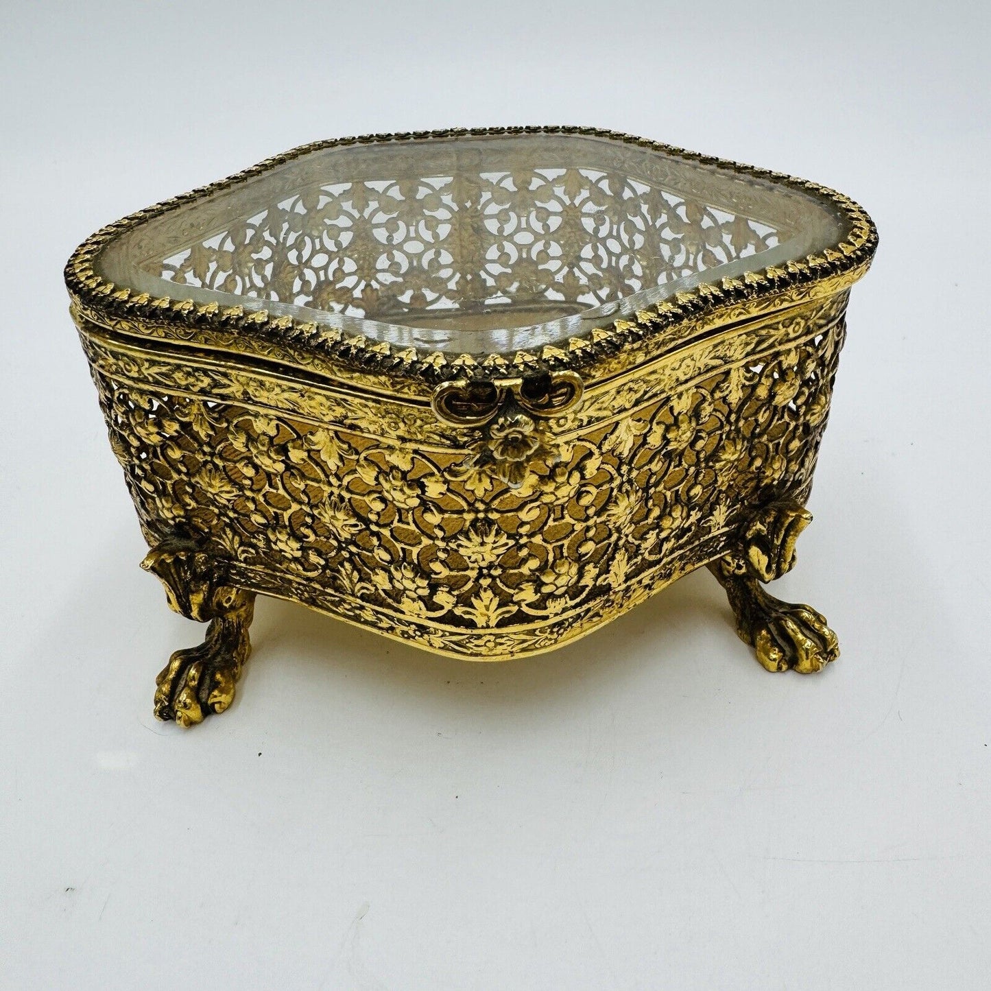 French Beveled Glass Gold Filigree Ormolu Jewelry Casket Box Claw Foot Vintage