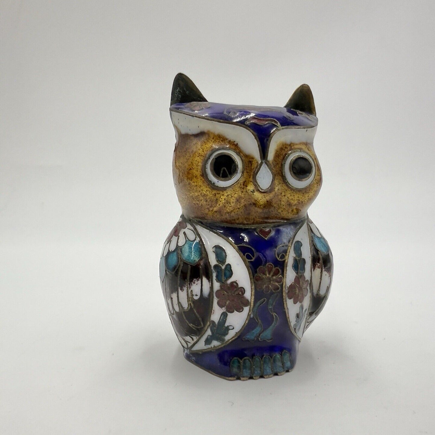 Vintage Cloisonne Chinese Brass Enameled Owl Figurine 3”