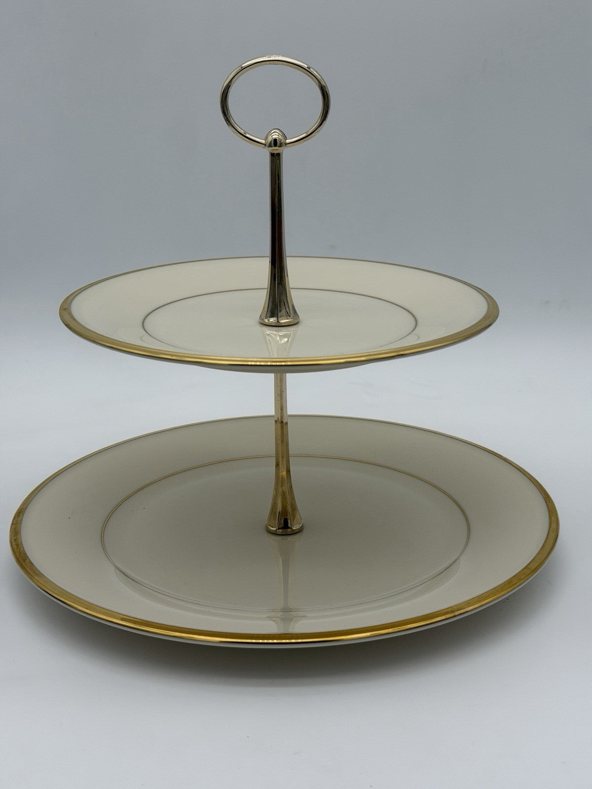 Lenox USA Porcelain  Eternal Gold 2 Tier Tidbit Appetizer Stand Gold rim 10”&8”
