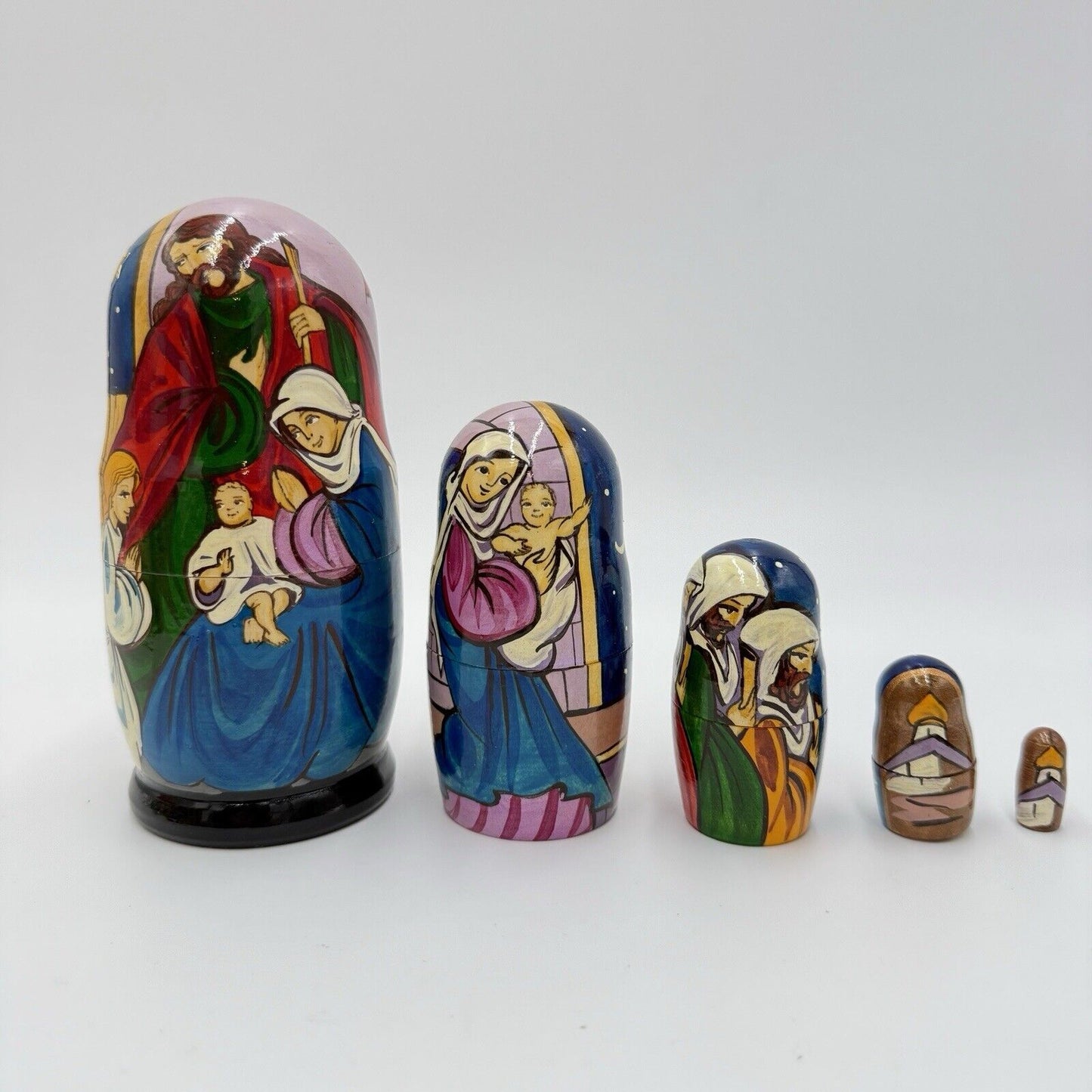 Rare Wooden Nativity Nesting Dolls Hand Painted 6” Holy Family Christmas 5 PCs