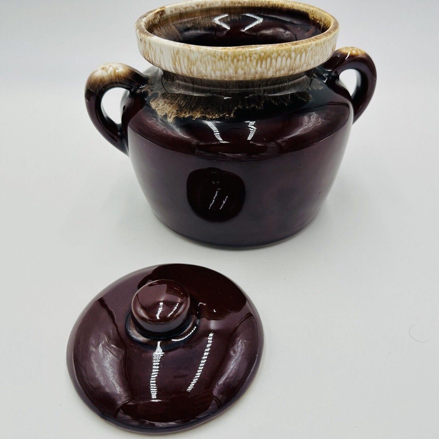 McCoy Pottery Bean Pot Brown Drip Glaze Lidded Handled #341 Vintage USA