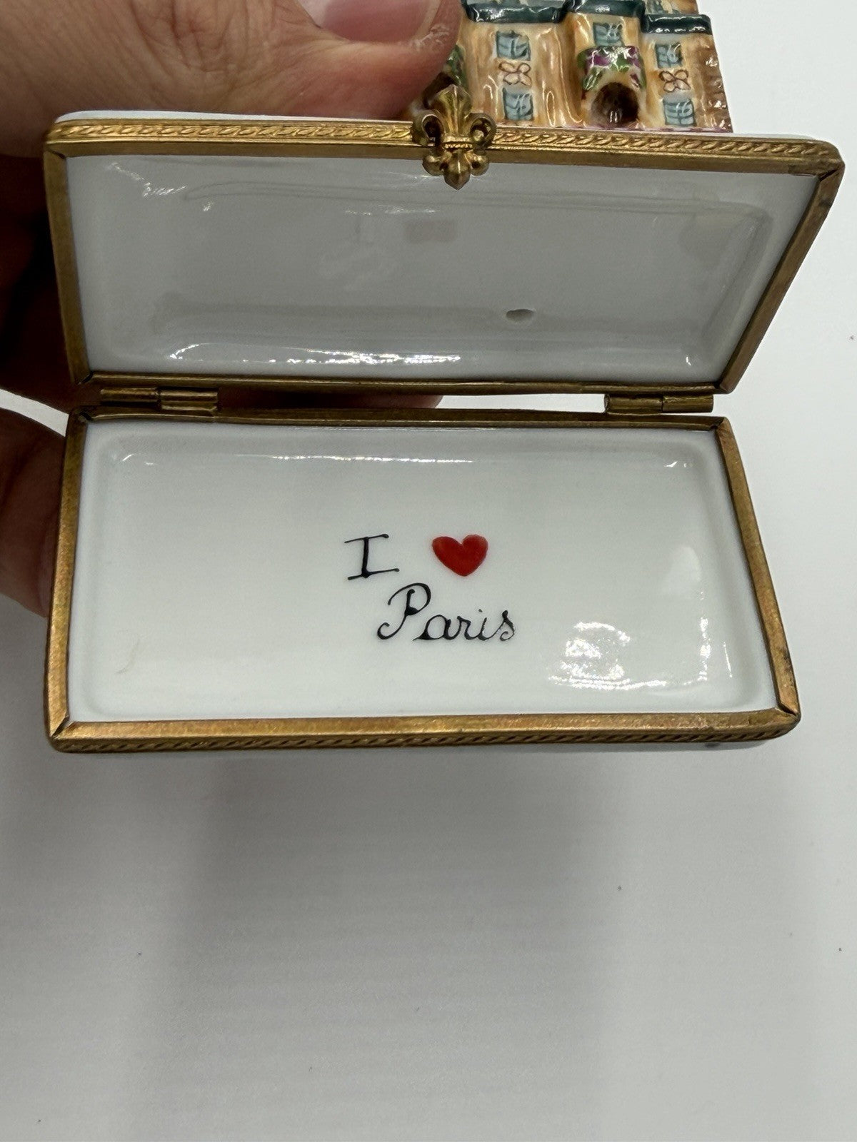 Limoges Porcelain Trinket Box Signed France Paris Street with Shops & Apartments
