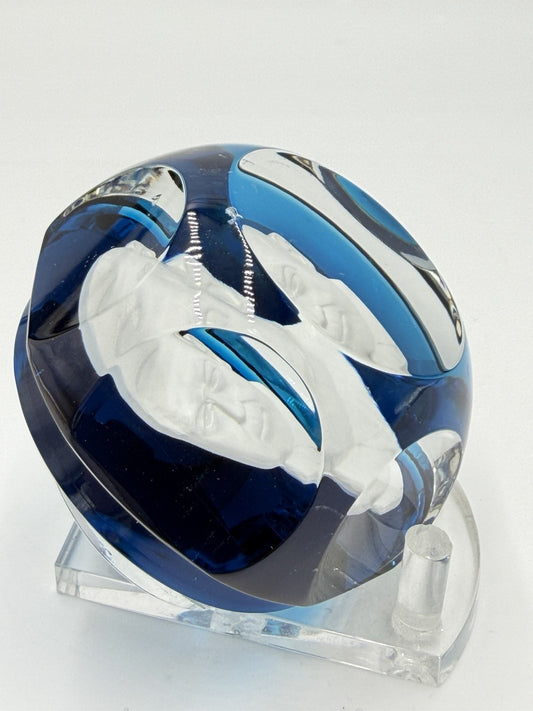 Baccarat Crystal France Blue Cut WOODROW WILSON Sulphide Paperweight Faceted