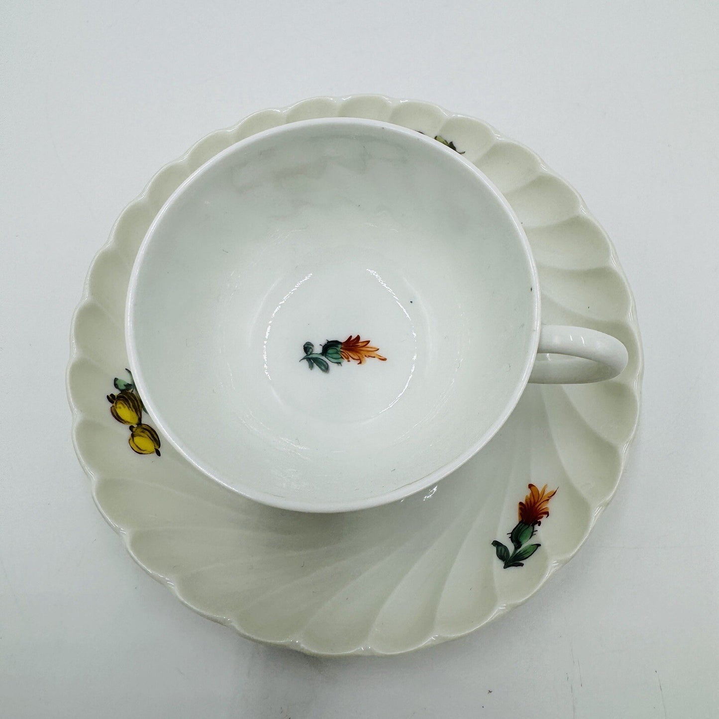Nymphenburg Teacup & Saucer Porcelain Germany Welle Ribbed 1632 Floral Antique
