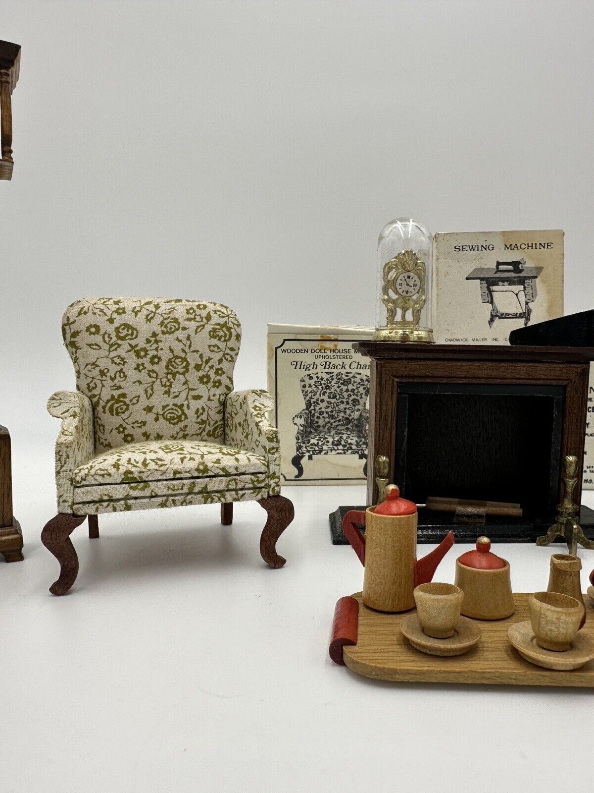 Dollhouse Furniture Lot Clock Sewing Machine Land Chest Fireplace Chair Vintage