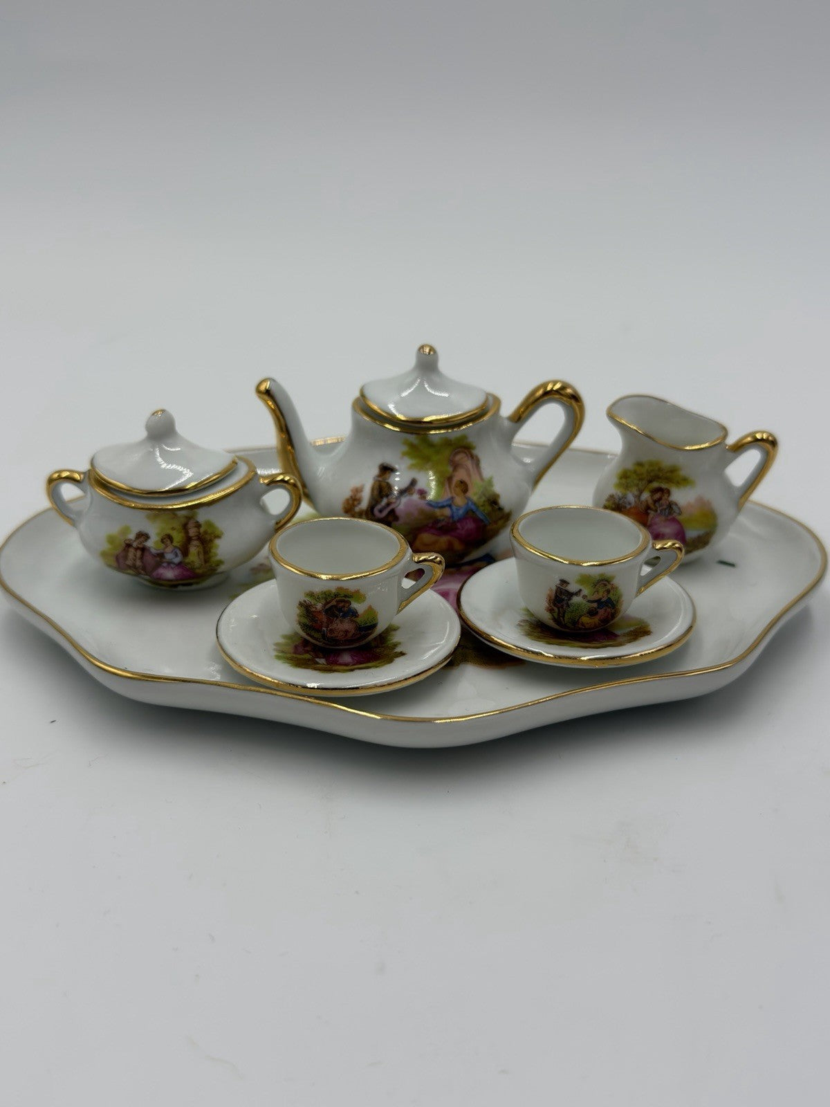EME porcelain Spain miniature tea set romantic scene victorian 8 PCs  Dollhouse