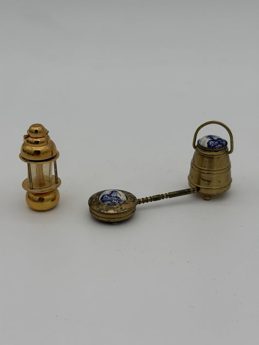 Vintage Brass Dutch Miniatures Dollhouse Holland Enamel Blue Delft 3 Pcs