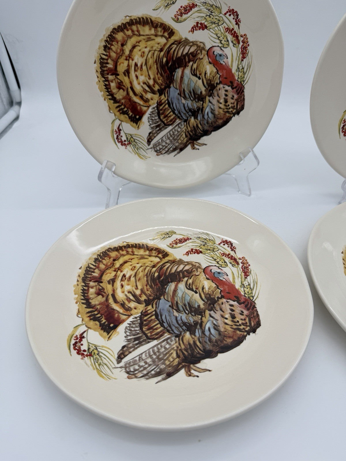 Pottery Barn Watercolor Turkey Salad Dessert Plates Set Of 4 Thanksgiving 8”