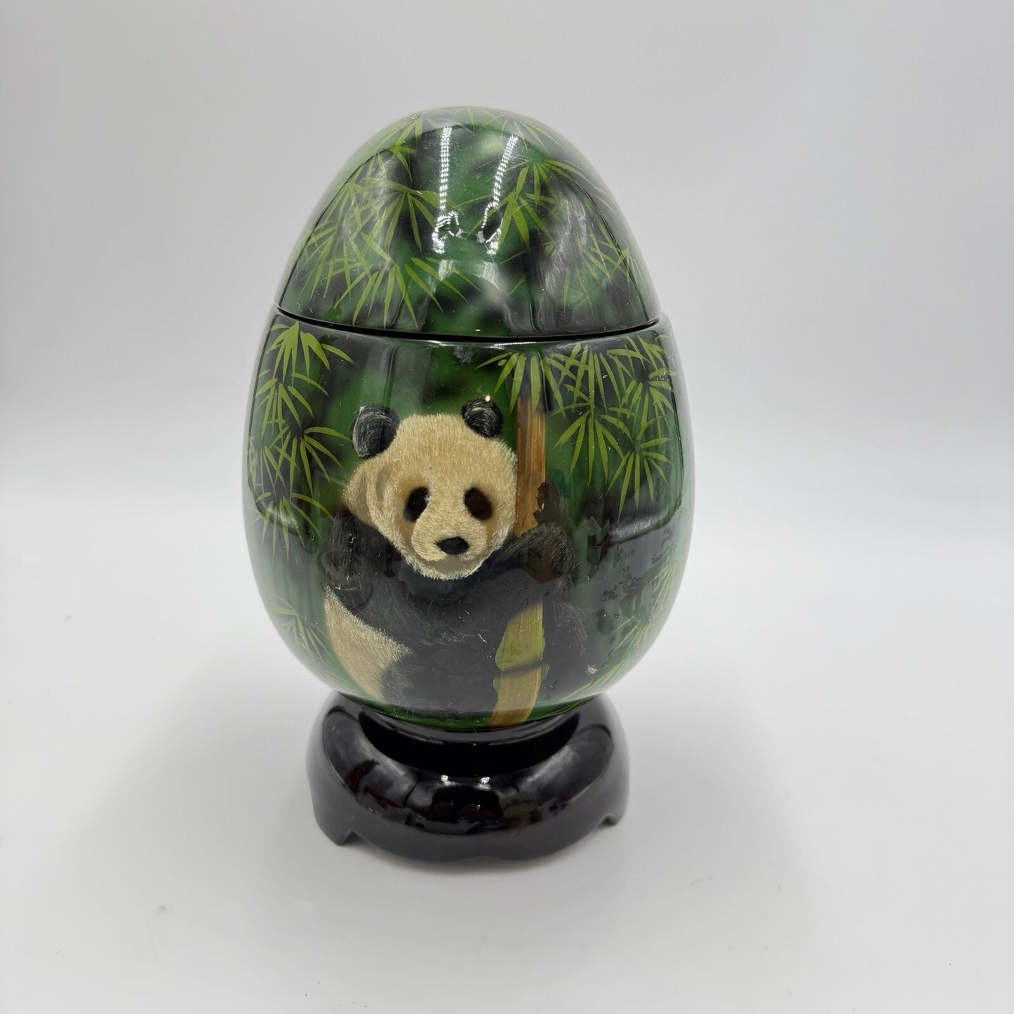Lacquer Box Panda Bear Vtg wooden hand painted trinket box 7.5"x4" base