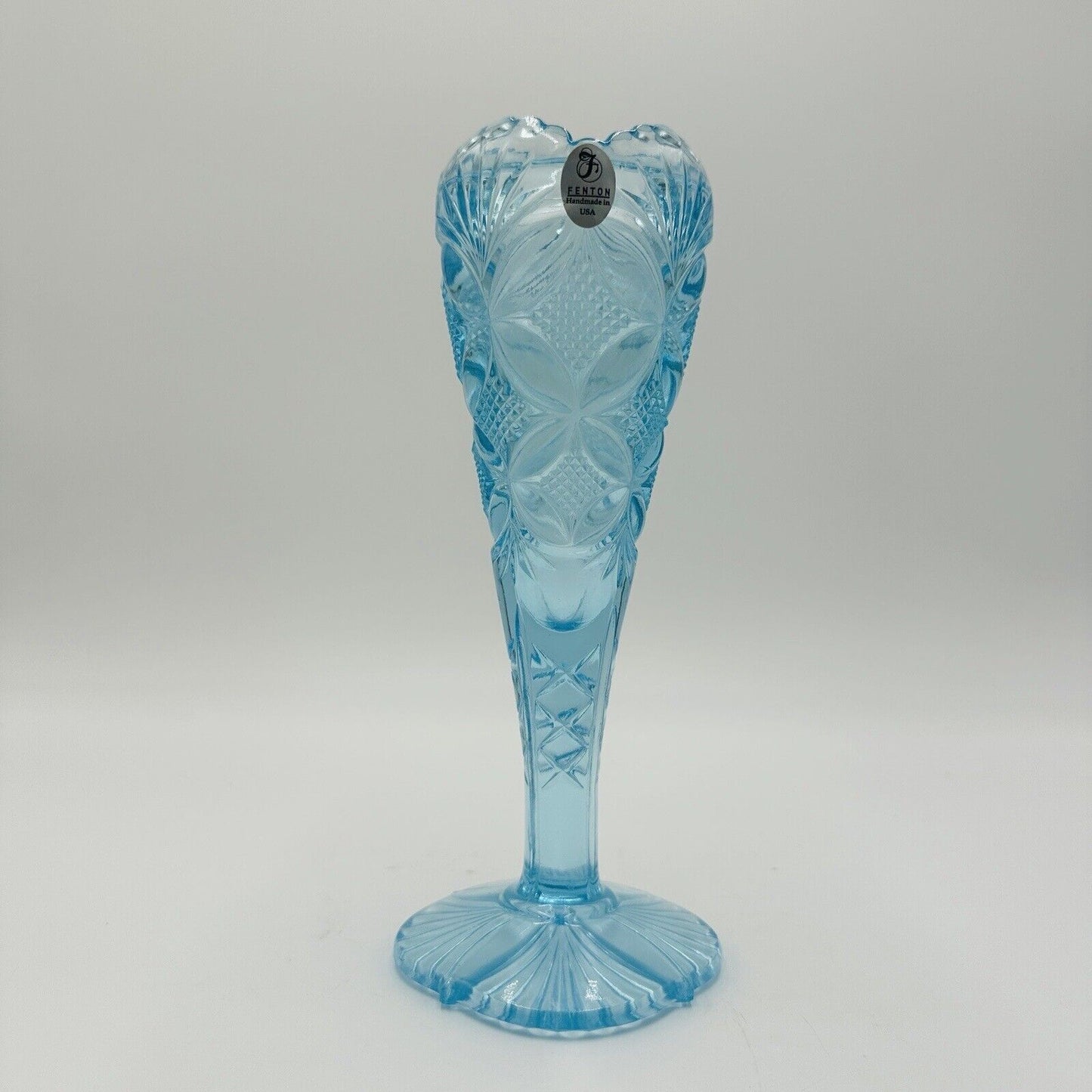 Fenton Art Glass Vase Aqua Blue With Etched Butterfly & Diamond Pattern Vintage