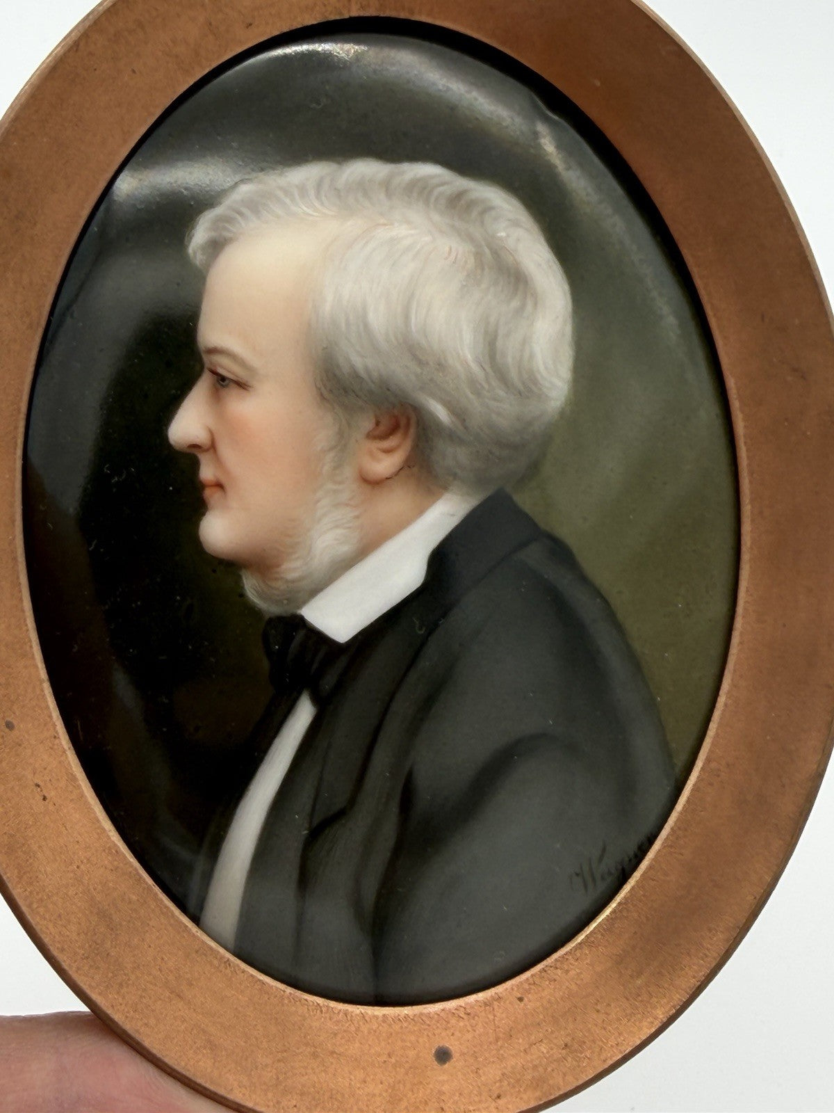 Antique Portrait Painting Porcelain Richard Wagner Bronze Oval Frame Small
