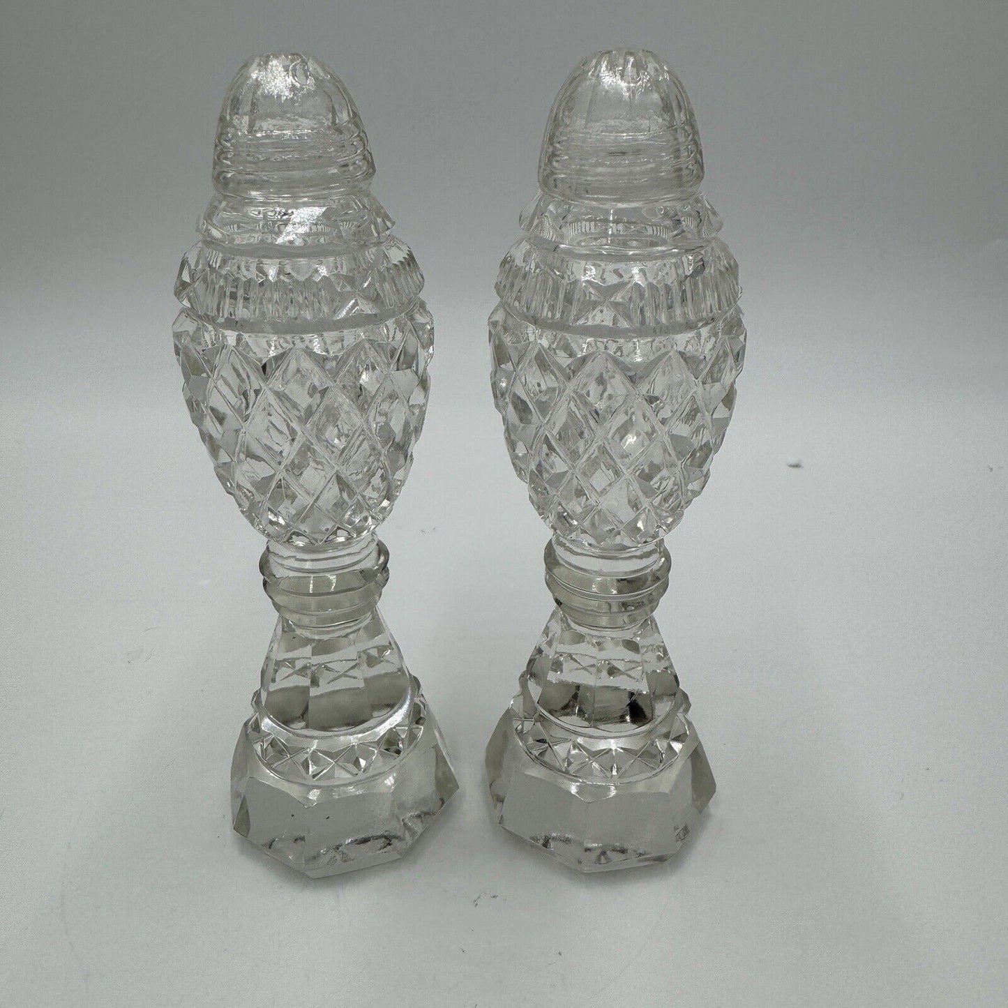 Antique Bohemian Czech Cut Glass Pedestal Salt & Pepper Shakers 6in H