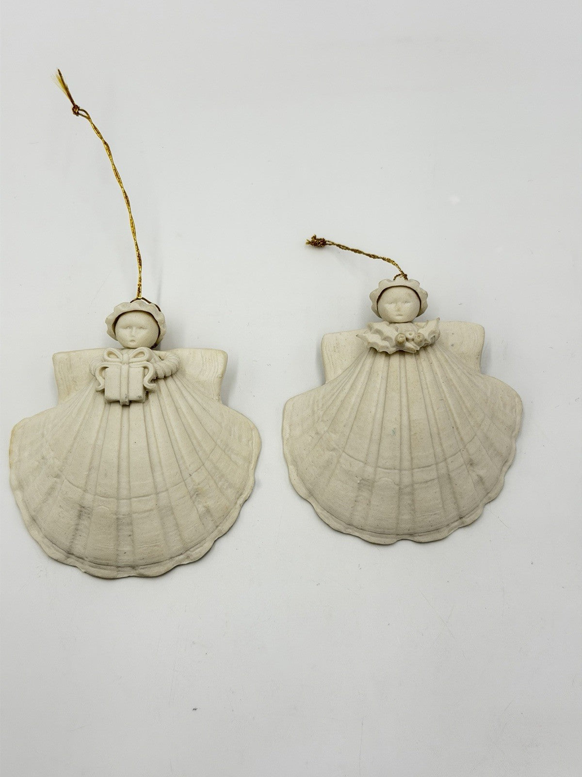 Margaret Furlong White Bisque Shell Angel Porcelain W/ Gift & Holly Ornaments 2