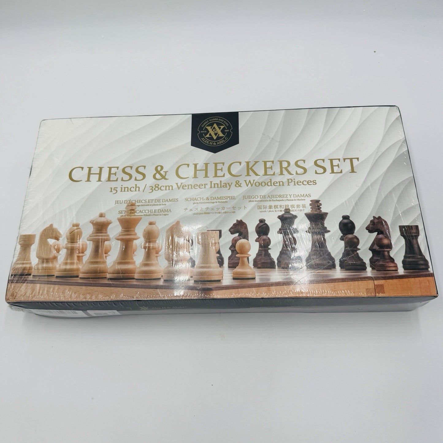 Alex & Abel Classy Chess Checkers Board Set Wood Veneer Inlay 15" Sealed New