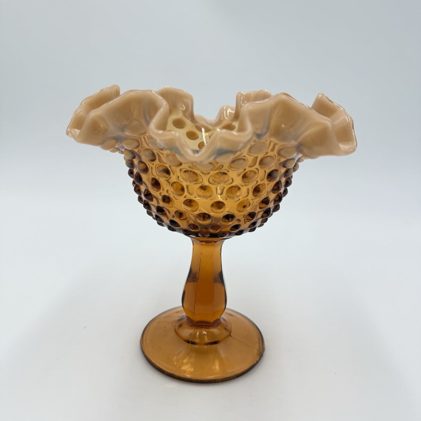 Fenton Art Glass Root Beer Opalescent Gradient Hobnail Ruffled Compote 6in