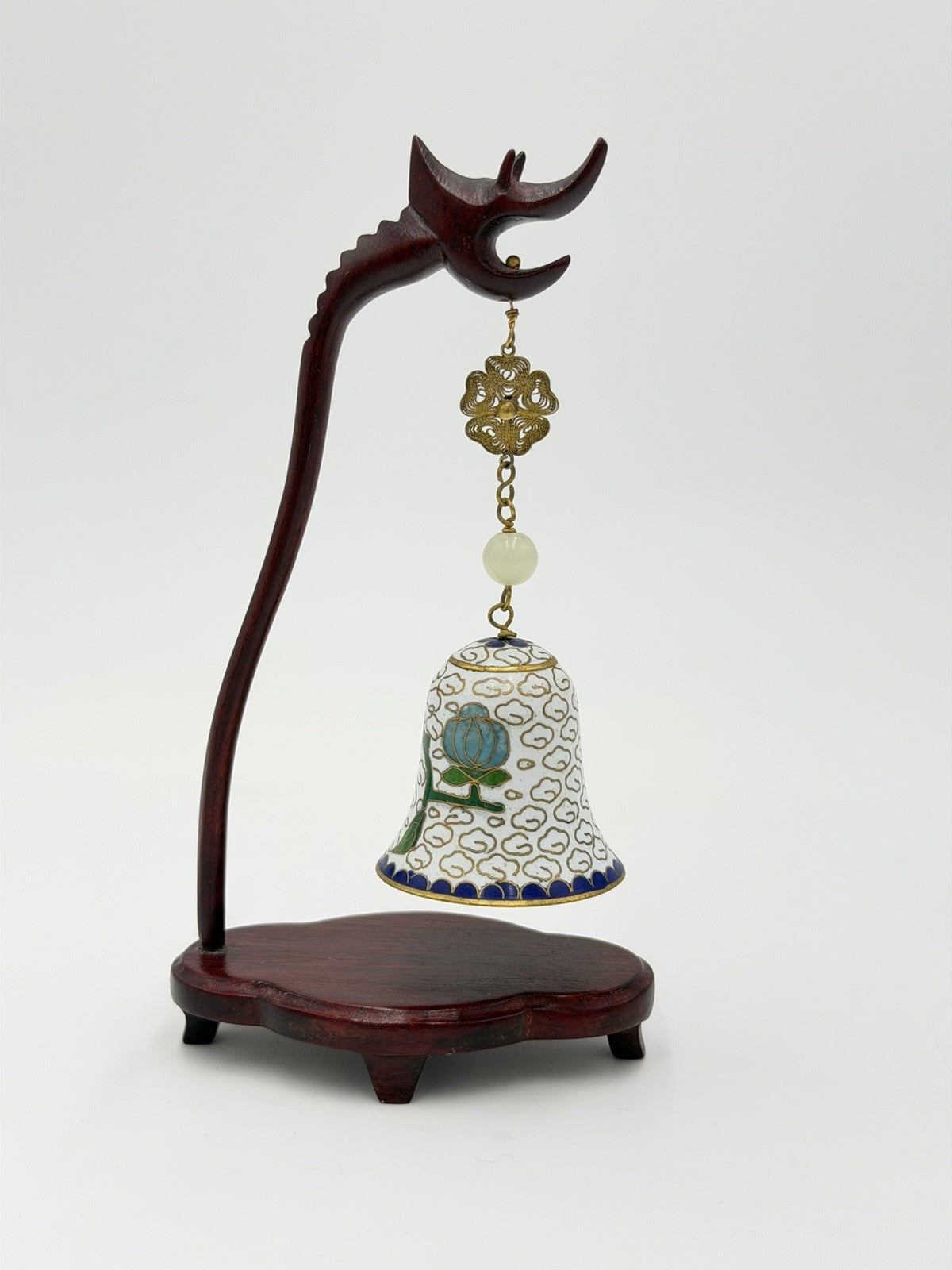 Vtg Chinese Cloisonne Enameled Bell Hanging On Wood Stand 5.75"H White Gold