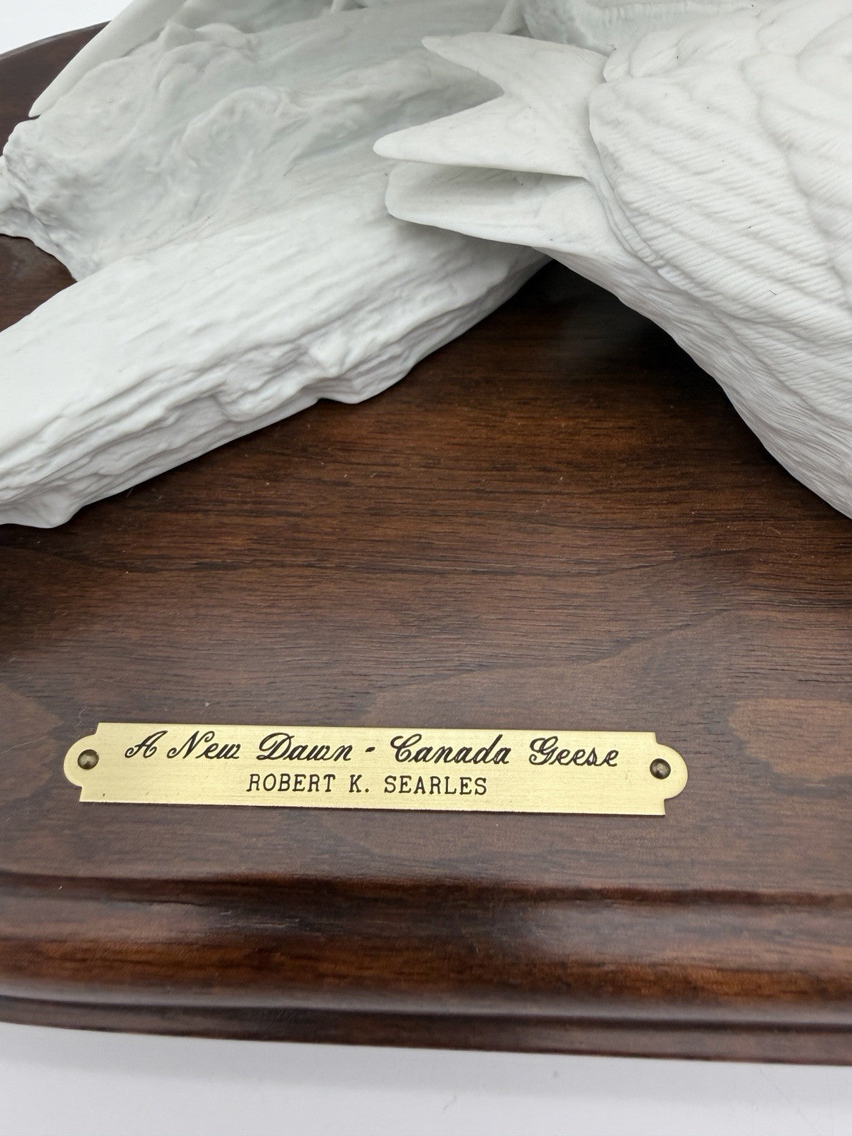 Robert E. Searles white bisque porcelain Canada Geese sculpture A New Dawn wood
