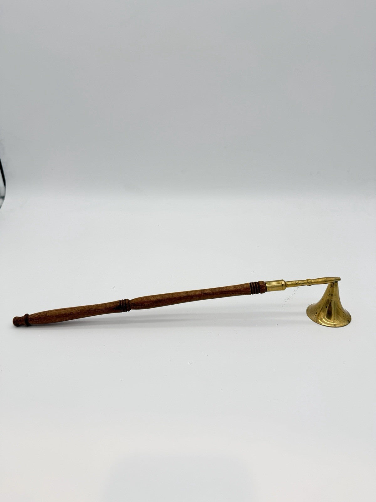 Vintage Brass /Wood Carved Handle Candle Snuffer 12” Retro Mid Century