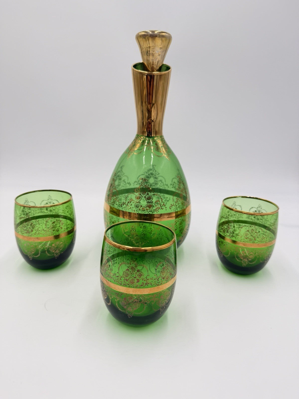 Vintage Murano Art Glass Italy Ferro & Lazzarini Decanter Set Green Emerald 4 Pc