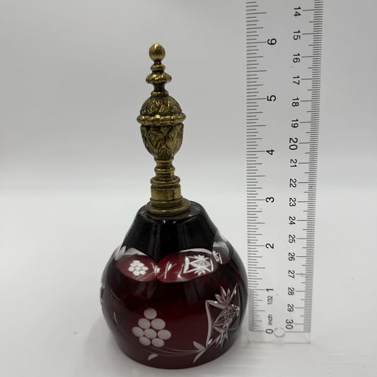 Vtg Ruby Red Art Cut Glass Crystal Bell Ornate Gold Tone Brass Handle Poland